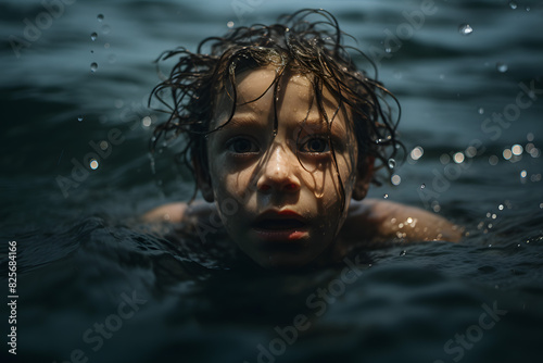 Drowning child boy with a very frightened face and raising his hands screams asking for help in the water of a river, lake, sea