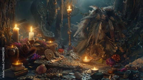 A spellbinding still life composition capturing the essence of shamanic magic and ritualistic practice. A ceremonial witchcraft staff, adorned with feathers, crystals, 