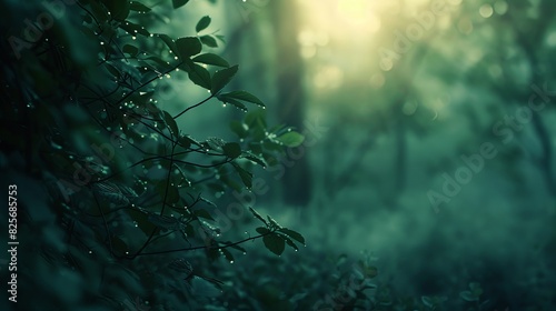 forest, a bright light in the distance, a heartwarming feeling, dark green and light tones
