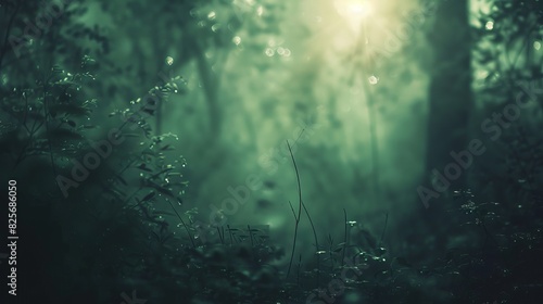 forest, a bright light in the distance, a heartwarming feeling, dark green and light tones
