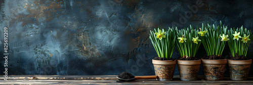 Replanting bulbous plants, gardening concept. Narcissus sprouts in pots on a dark background with space for text.