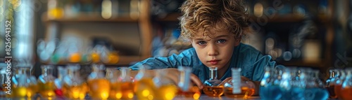 Boy experimenting with a science kit, home setting, space for at home educational products