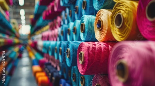 Vibrantly colored thread spools at a textile production site