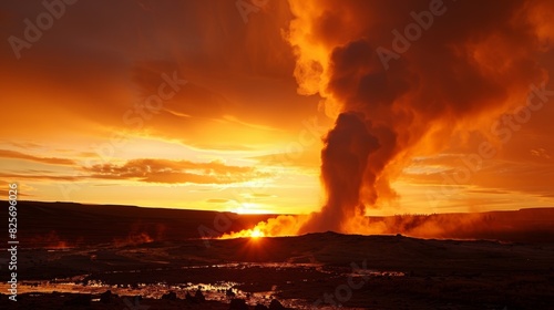 The geysers eruption silhouetted against a fiery sunset