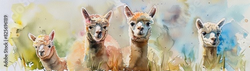 Alpacas in watercolor, blending soft hues to capture their fluffy fur and playful demeanor serene pasture background