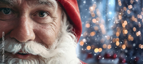 Santa Claus, close-up face, with red bobble hat, white long beard, friendly satisfied face, anticipation and Christmas time winter time