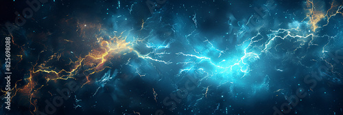 Blue lightning on dark sky, thunder storm, electric flashes in the style of electric flashes in the night sky.