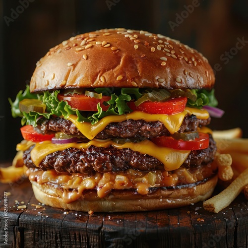 a classic double cheeseburger loaded with lettuce, tomatoes and oozing melted cheddar cheese 