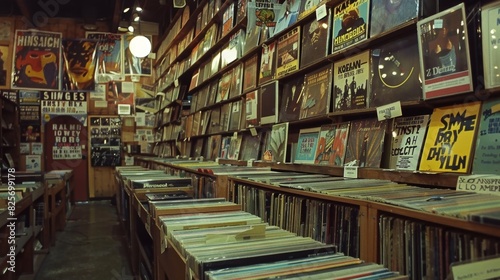 The walls of a vintage record store are adorned with posters and merchandise from an album that is being celebrated during a special listening event drawing in music aficionados from