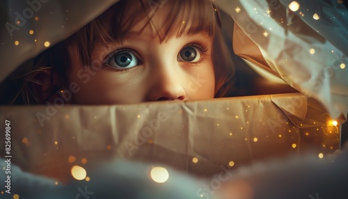 Child peeking into a mysterious box, close up, innocent curiosity, whimsical, fusion, bedroom backdrop