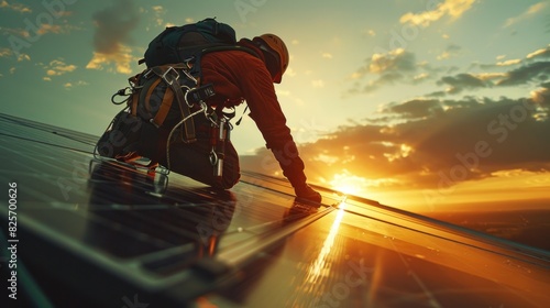 A worker in a full-body harness is seen working at height, using a clamp meter to measure currents while installing a solar panel.