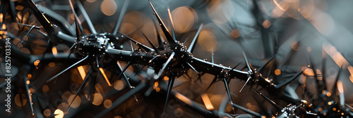 a close up of metal wires and black thorns, generative AI