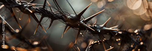 a close up of metal wires and black thorns, generative AI