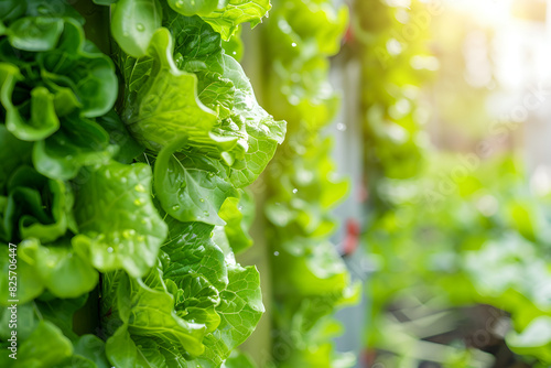  Green lettuce growing in vertical hydroponic tower system. Home vertical hydroponic system grows plants vertically without soil, using nutrient-rich water for cultivation in limited