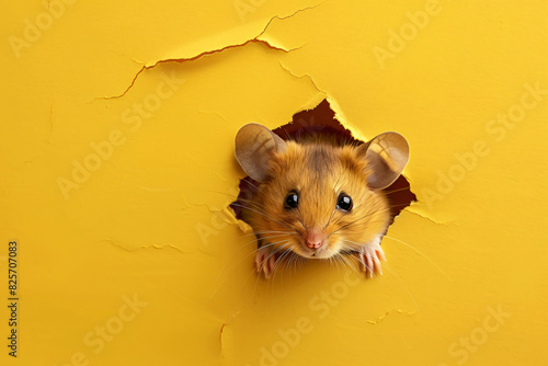 A small brown mouse is peeking out from a hole in a yellow wall