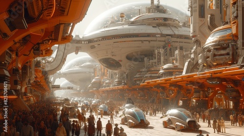 a futuristic colony on Mars, a big city build in Arcology style, Busy traffic of futuristic ground and aircraft vehicles between the tall buildings,