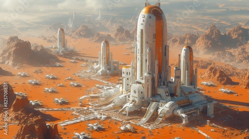 a futuristic colony on Mars, a big city build in Arcology style, Busy traffic of futuristic ground and aircraft vehicles between the tall buildings,