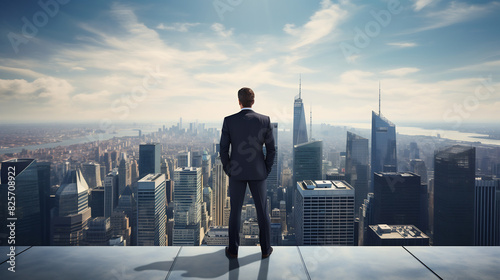 Businessman standing on a rooftop overlooking a vast city skyline, contemplating success and future opportunities, under a bright sky