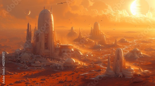 a futuristic colony on Mars, a big city build in Arcology style, Busy traffic of futuristic ground and aircraft vehicles between the tall buildings,