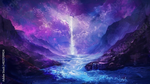 Jesus baptism in a futuristic river with neon water divine light from the heavens