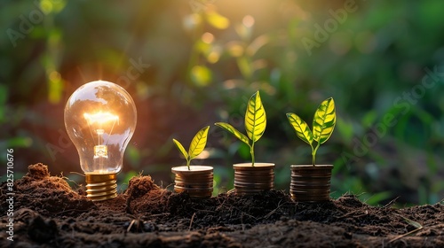 Light bulb is located on soil plants grow on stacked coins Renewable energy generation is essential for the future Renewable energybased green business can limit climate change and glo : Generative AI