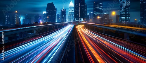 Lights trail at night city landscape. Low shutter speed cityscape photography. 