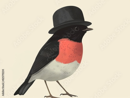 A charming robin wearing a black bowler hat. The bird is perched on a white background.