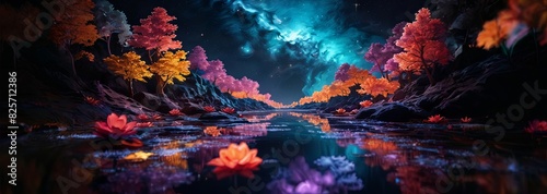 A beautiful, colorful, and serene scene of a river with trees and flowers