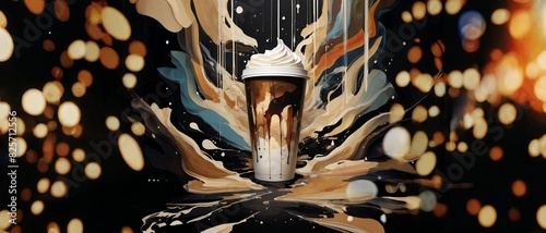 A coffee cup with a white foam on top is splattered with brown liquid