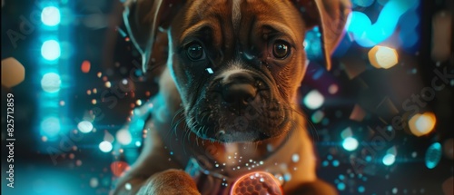 A cute charismatic closeup of a puppy in a detective outfit, solving mysteries with futuristic styles hologram clues