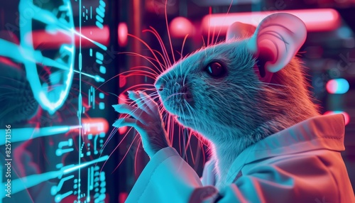 A futuristic charismatic cyber closeup of a rat in a scientist s coat, working on advanced genetic experiments with a cyberpunk 80s styles hologram