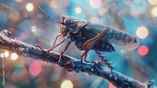 A locust with augmented vision perched on a holographic branch, set against a blurry, futuristic panorama