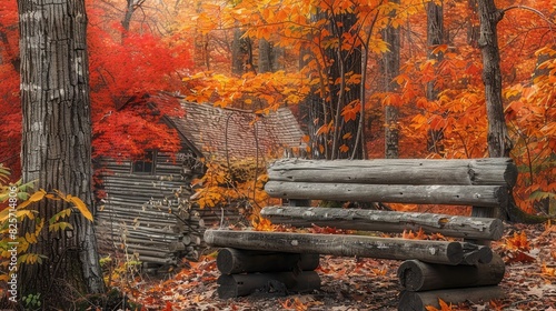 A rustic wooden bench nestled amidst trees ablaze with fall colors, offering a peaceful retreat in the leafy season.