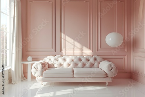 A white couch sits in a room with pink walls and white trim