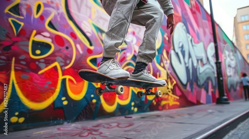 A skateboarder executing a 360 flip in front of an urban mural.