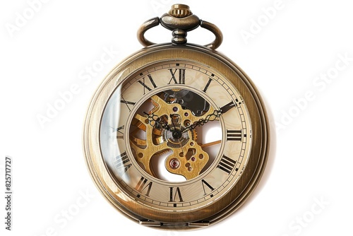 A finely detailed pocket watch, its hands frozen in time, isolated on pure white background.