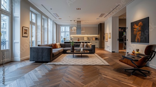 A stylish parquet wooden floor in a contemporary apartment, blending modern design with classic elegance.