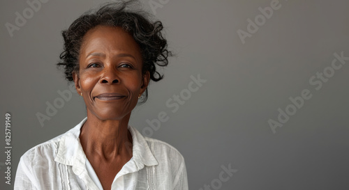A smiling middle-aged black woman in a white shirt is standing against a grey background, looking at the camera.