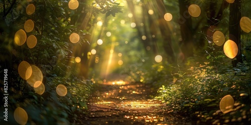 A dreamy forest path with sunlight filtering through the leaves, creating bokeh orbs of light.