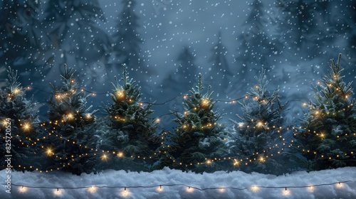 A cozy Christmas border with twinkling lights and snow-covered pine trees.