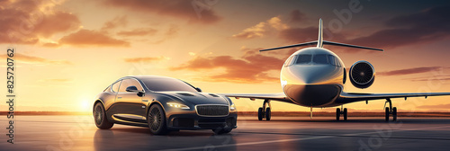 generated illustration of luxury car and charter liner plane in the golden sunset light