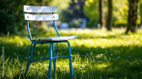 White garden chair outdoors with blue seat : Generative AI