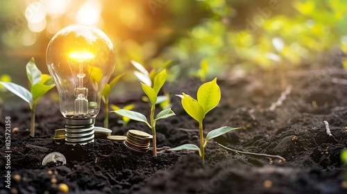 Light bulb is located on soil plants grow on stacked coins Renewable energy generation is essential for the future Renewable energybased green business can limit climate change and glo : Generative AI