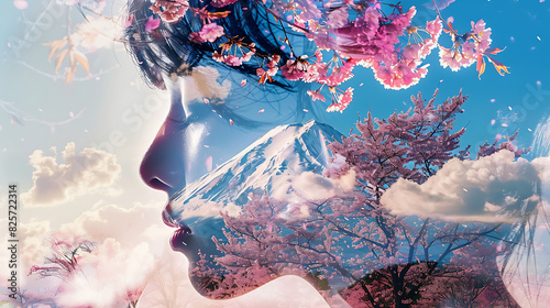 A double exposure combines the face of a beautiful woman face and Mount Fuji and cherry trees. Generative AI illustration 