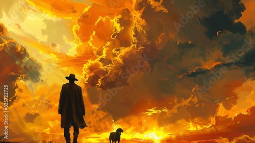 A cowboy is standing next to his horse in a field, holding his hat. The sky is bright orange.