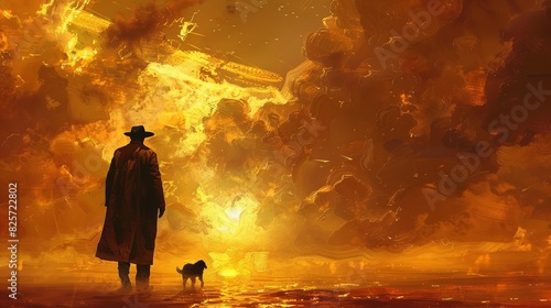 A cowboy is standing next to his horse in a field, holding his hat. The sky is bright orange.