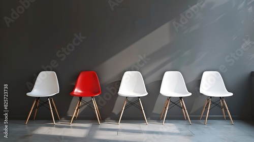 Three vacant white chairs and one red on gray wall background in office or room Simple minimalist interior nobody free space Job recruiting leadership and business due covid19 virus mo : Generative AI