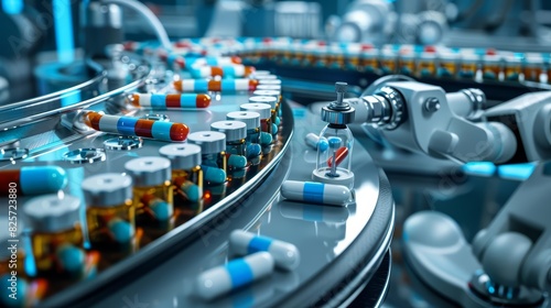 A close up of a pharmaceutical labs robotic system, accurately dispensing medication doses for research and production, surrounded by a hitech look concept