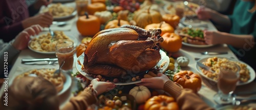 A close up of a Thanksgiving Day feast with a goldenbrown turkey at the center of a long table