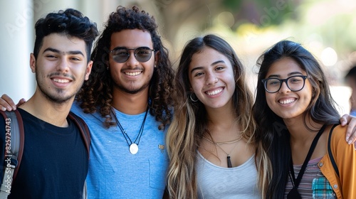 smiling teenagers, two boys and two girls. They are standing close to one another.
